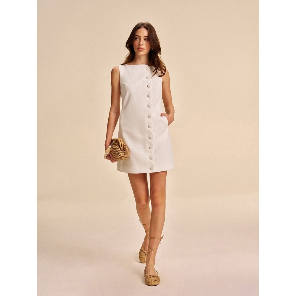 Commense Sleeveless Mini Dress Button Front Pockets Mod Style White Size S
